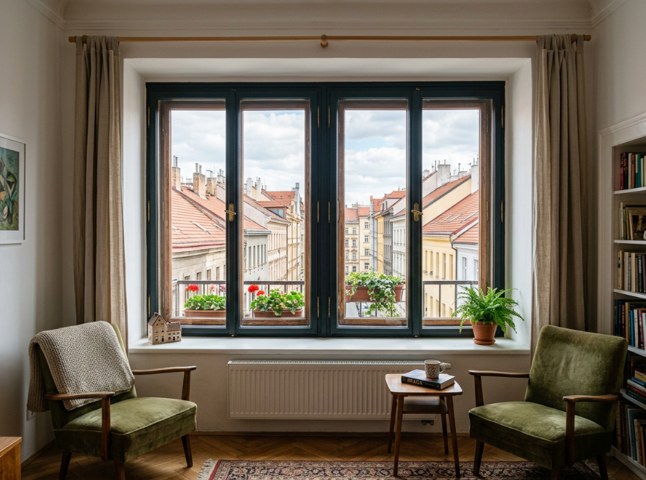 Montáž žaluzií Praha 3 – hluboké ostění cihlový dům